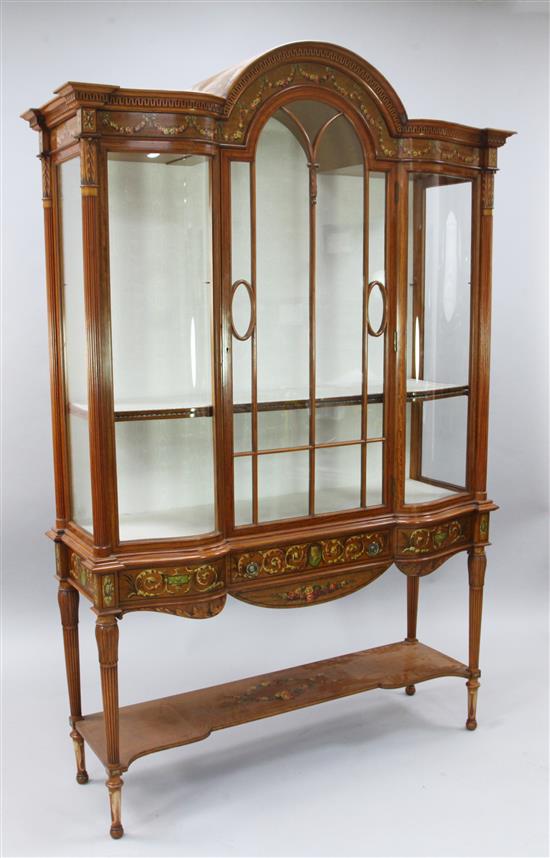 An Edwardian Maple & Co Sheraton revival painted satinwood display cabinet, W.4ft 4in. D.1ft 6in. H.6ft 6in.